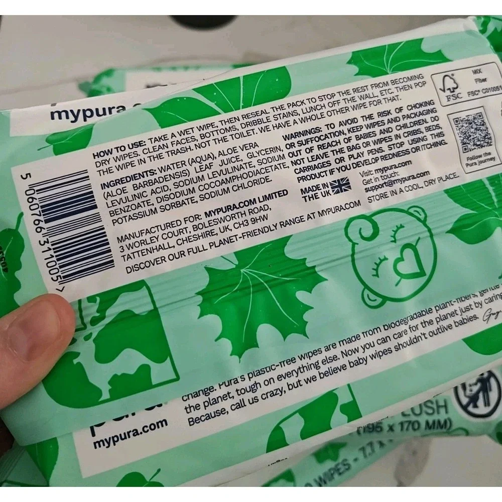 Pura Natural Sensitive Baby Wipes 99% Water Aloe Fragrance Free 60 x 5 Packs 300
